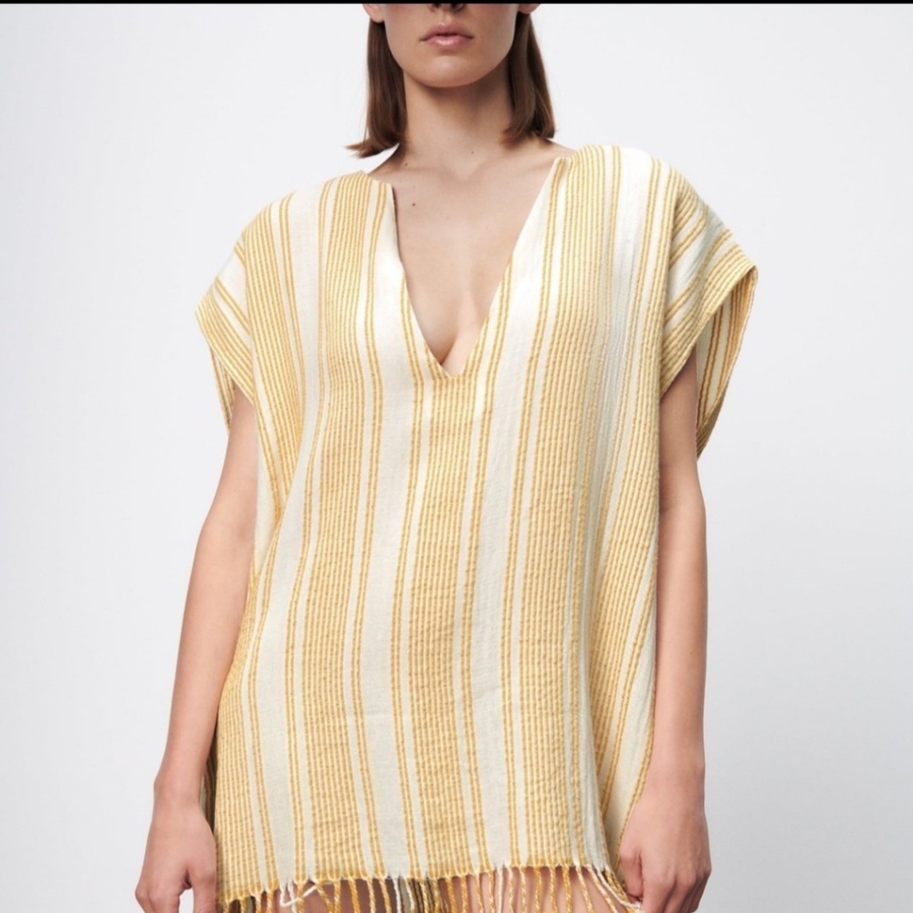 ZARA Boho Striped Tunic Dress Fringe Hem Beach Cover Up Yellow Size M - Picture 3 of 6